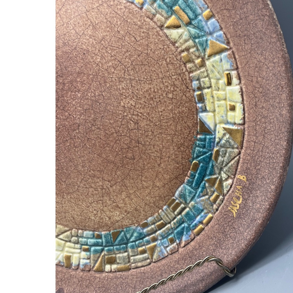 Vtg Mid Century Sascha Brastoff MCM crackle Mosaic Plate Sascha B Teal w gilt M9 - Picture 2 of 6